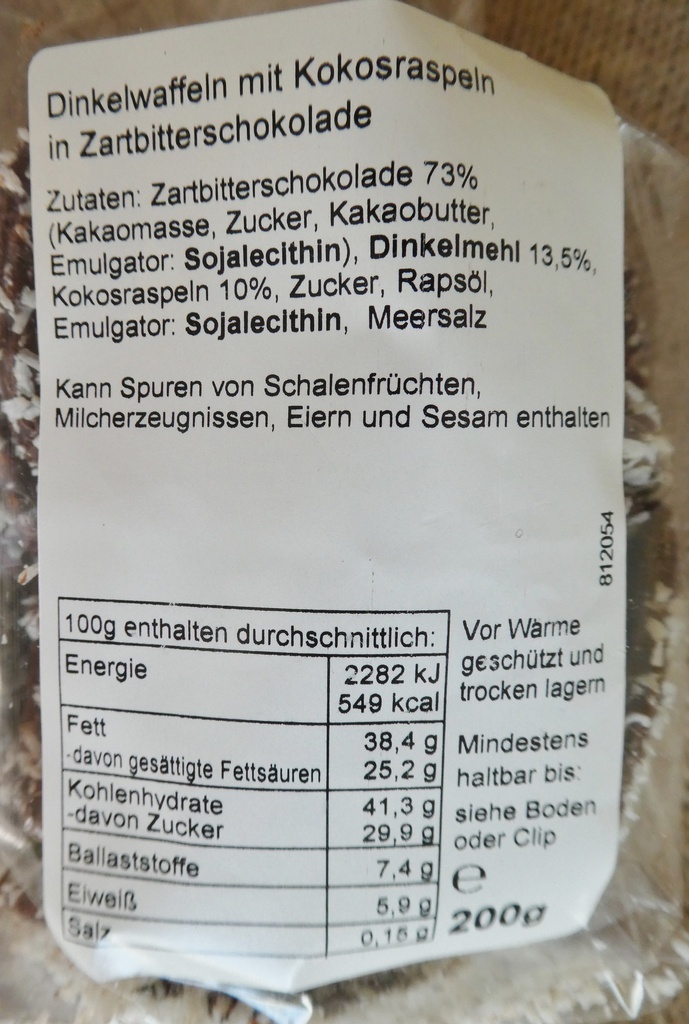 Wafferl Dinkel Zartbitter Mit Kokosraspeln Konventionell RIADAREI